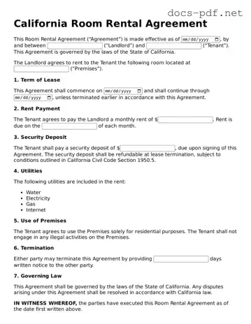 Official  Room Rental Agreement Form for California