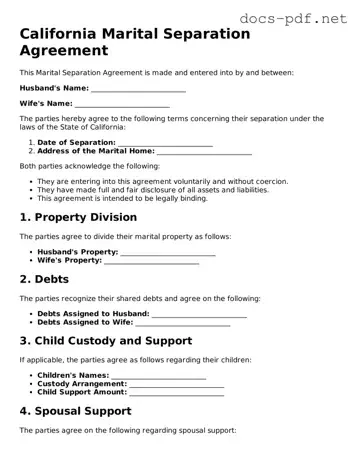 Official  Marital Separation Agreement Form for California