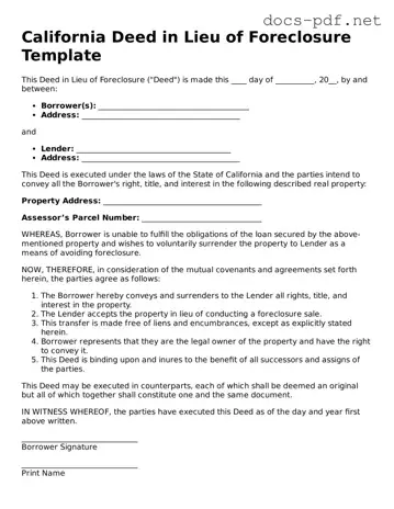 Official  Deed in Lieu of Foreclosure Form for California