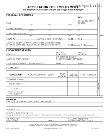 Employment Application Pdf Form in PDF