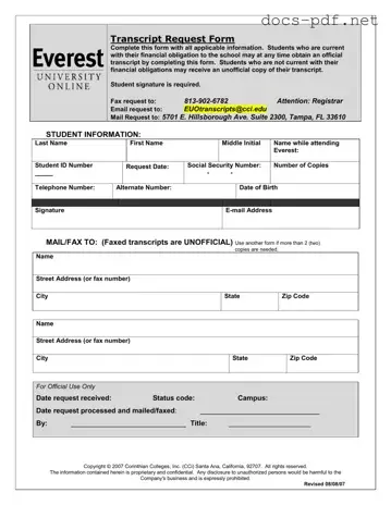 Everest University Transcript Form in PDF