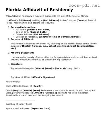 Official  Affidavit of Residency Form for Florida