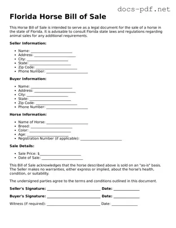 Official  Horse Bill of Sale Form for Florida