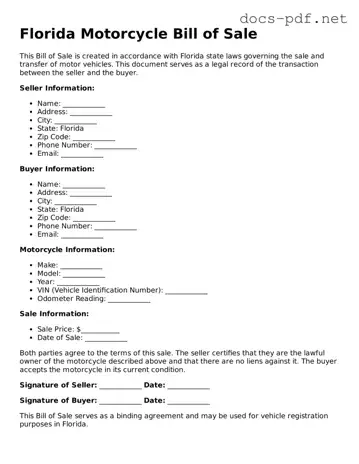 Official  Motorcycle Bill of Sale Form for Florida