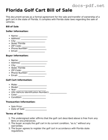 Official  Golf Cart Bill of Sale Form for Florida