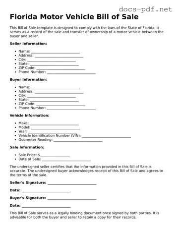 Official  Motor Vehicle Bill of Sale Form for Florida