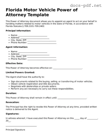 Official  Motor Vehicle Power of Attorney Form for Florida