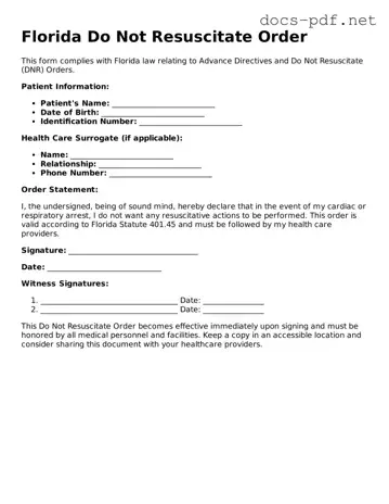 Official  Do Not Resuscitate Order Form for Florida