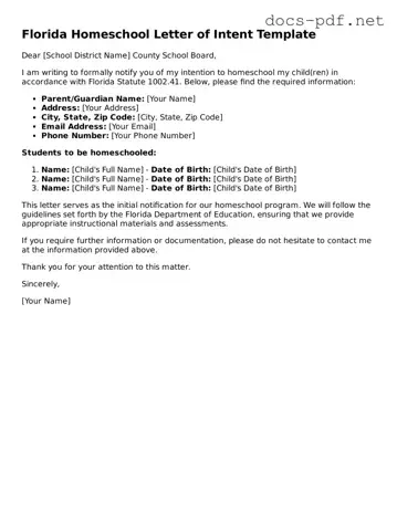 Official  Homeschool Letter of Intent Form for Florida