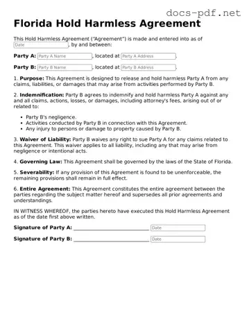 Official  Hold Harmless Agreement Form for Florida