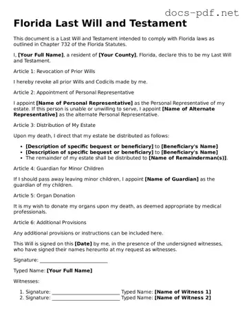 Official  Last Will and Testament Form for Florida