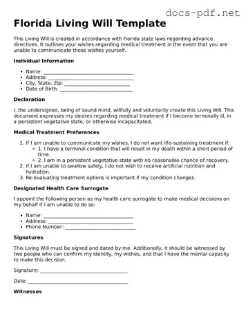 Official  Living Will Form for Florida