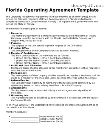 Official  Operating Agreement Form for Florida