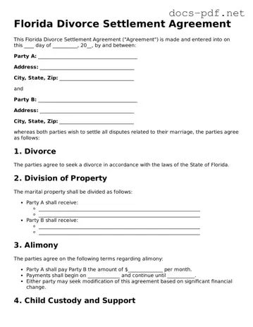 Official  Divorce Settlement Agreement Form for Florida
