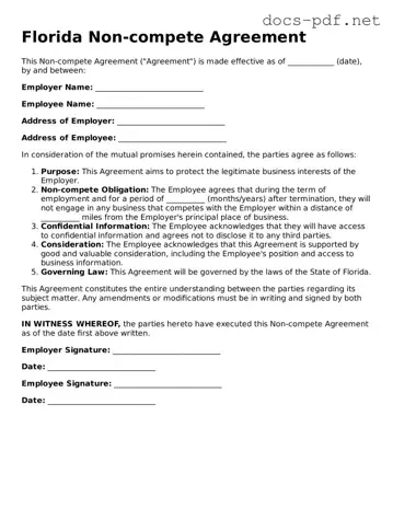 Official  Non-compete Agreement Form for Florida