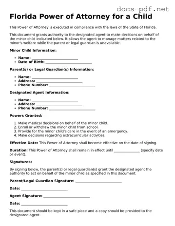 Official  Power of Attorney for a Child Form for Florida