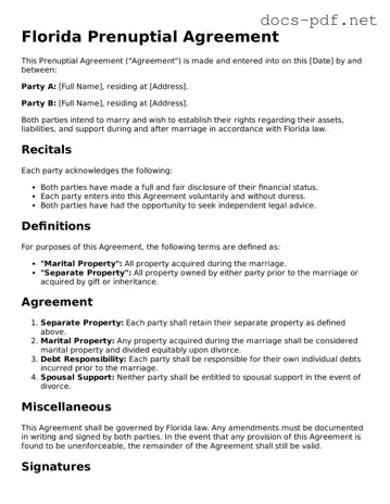 Official  Prenuptial Agreement Form for Florida