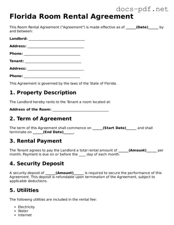 Official  Room Rental Agreement Form for Florida
