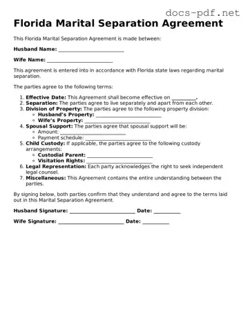 Official  Marital Separation Agreement Form for Florida