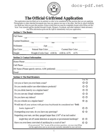 Girlfriend Application Form in PDF