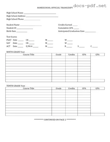 High School Transcript Form in PDF