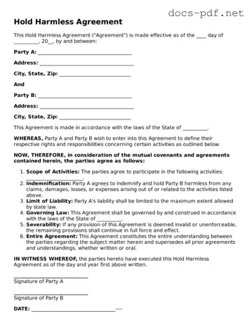 Free Hold Harmless Agreement Document
