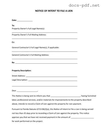 Intent To Lien Florida Form in PDF