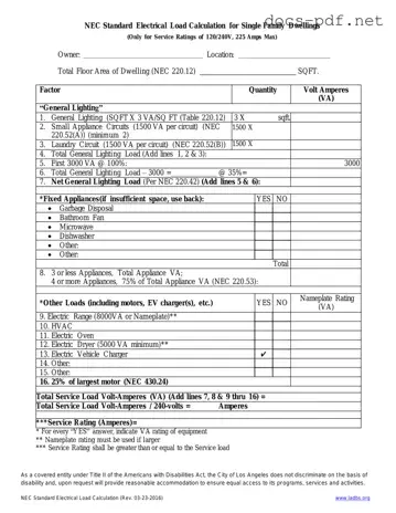 LADBS NEC Standard Electrical Load Calculation Form in PDF