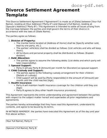 Free Divorce Settlement Agreement Document