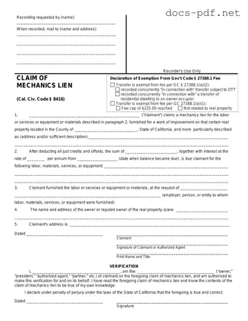 Mechanics Lien California Form in PDF