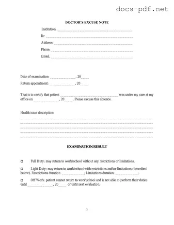 Doctors Excuse Note Form in PDF