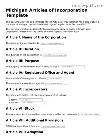 Official  Articles of Incorporation Form for Michigan