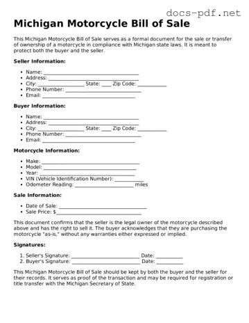 Official  Motorcycle Bill of Sale Form for Michigan