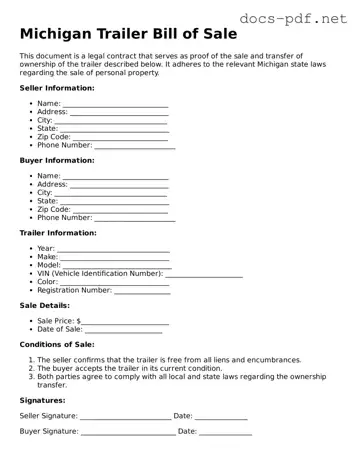 Official  Trailer Bill of Sale Form for Michigan