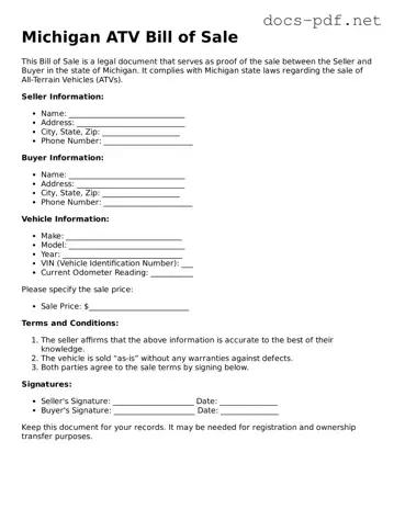 Official  ATV Bill of Sale Form for Michigan