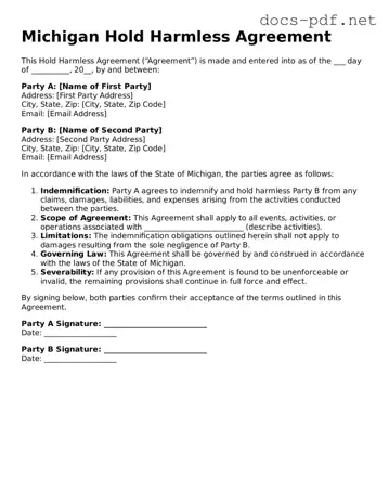 Official  Hold Harmless Agreement Form for Michigan
