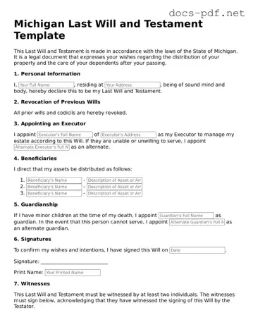 Official  Last Will and Testament Form for Michigan