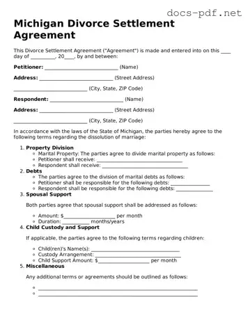 Official  Divorce Settlement Agreement Form for Michigan