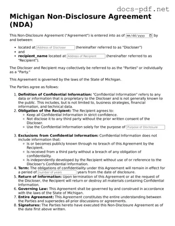 Official  Non-disclosure Agreement Form for Michigan