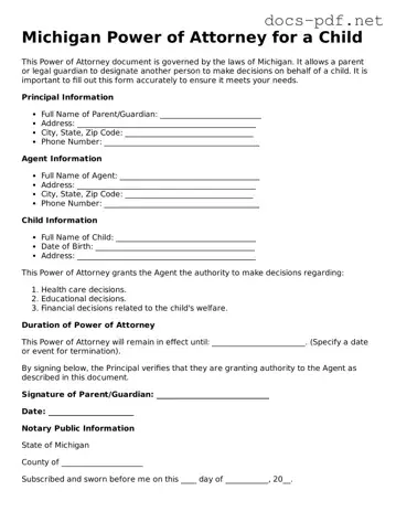 Official  Power of Attorney for a Child Form for Michigan