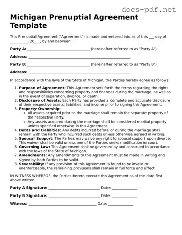 Official  Prenuptial Agreement Form for Michigan