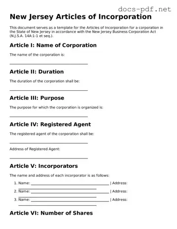 Official  Articles of Incorporation Form for New Jersey