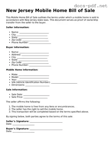 Official  Mobile Home Bill of Sale Form for New Jersey