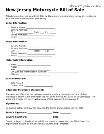 Official  Motorcycle Bill of Sale Form for New Jersey
