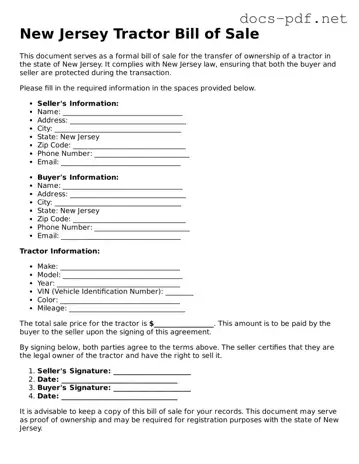 Official  Tractor Bill of Sale Form for New Jersey