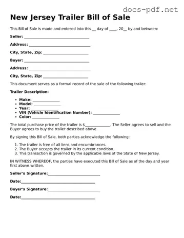 Official  Trailer Bill of Sale Form for New Jersey