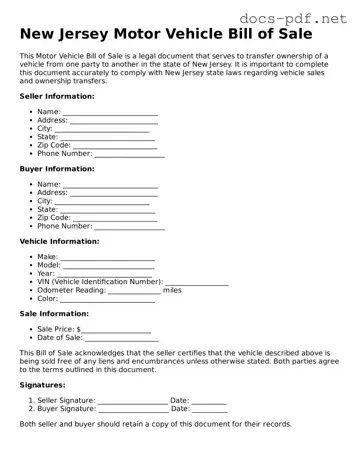 Official  Motor Vehicle Bill of Sale Form for New Jersey