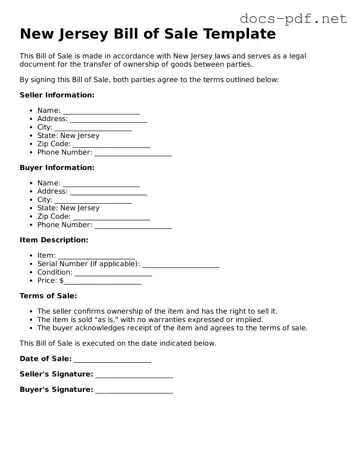 Official  Bill of Sale Form for New Jersey