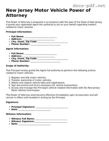 Official  Motor Vehicle Power of Attorney Form for New Jersey