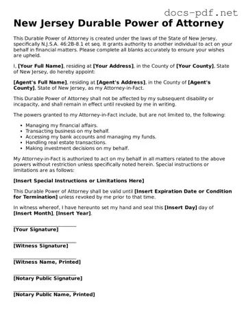 Official  Durable Power of Attorney Form for New Jersey